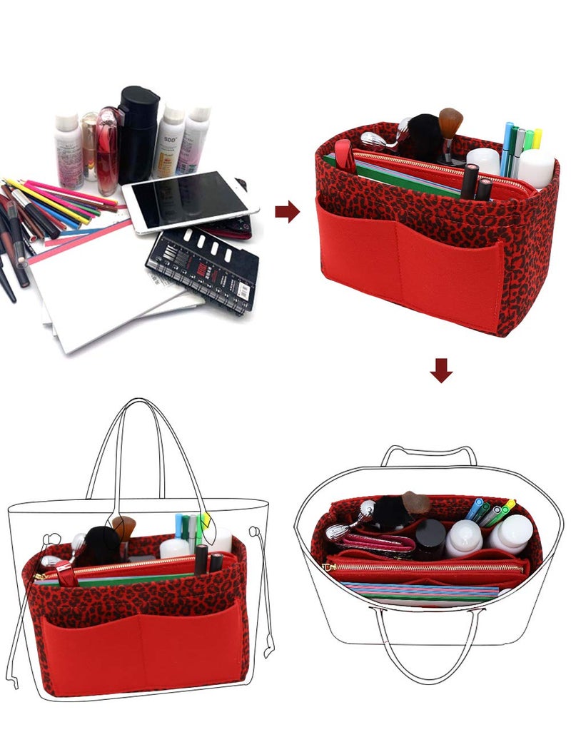 LEXSION Felt Purse Bag Organizer Insert with zipper Bag Tote Shaper Fit Speedy Neverful PM MM 8021 R-Leopard XL - Image 4